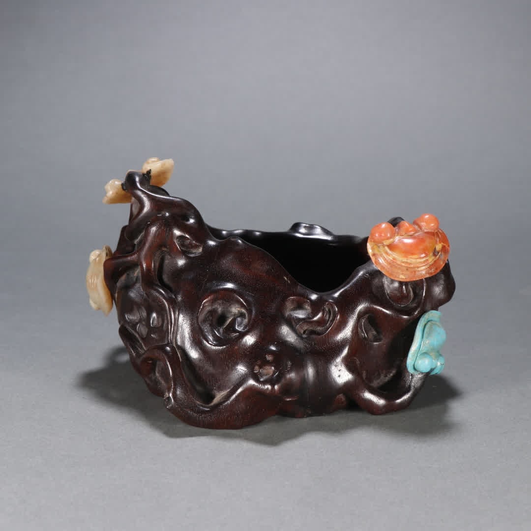 A piece of Qing Dynasty rosewood inlaid Shoushan stone Ganoderma lucidum wash (1 of 9)