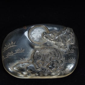 A Qing Dynasty crystal carved double ox moon pattern inkstone