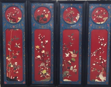 A set of Qing Dynasty rosewood frame lacquerware flower and bird pattern hanging screen