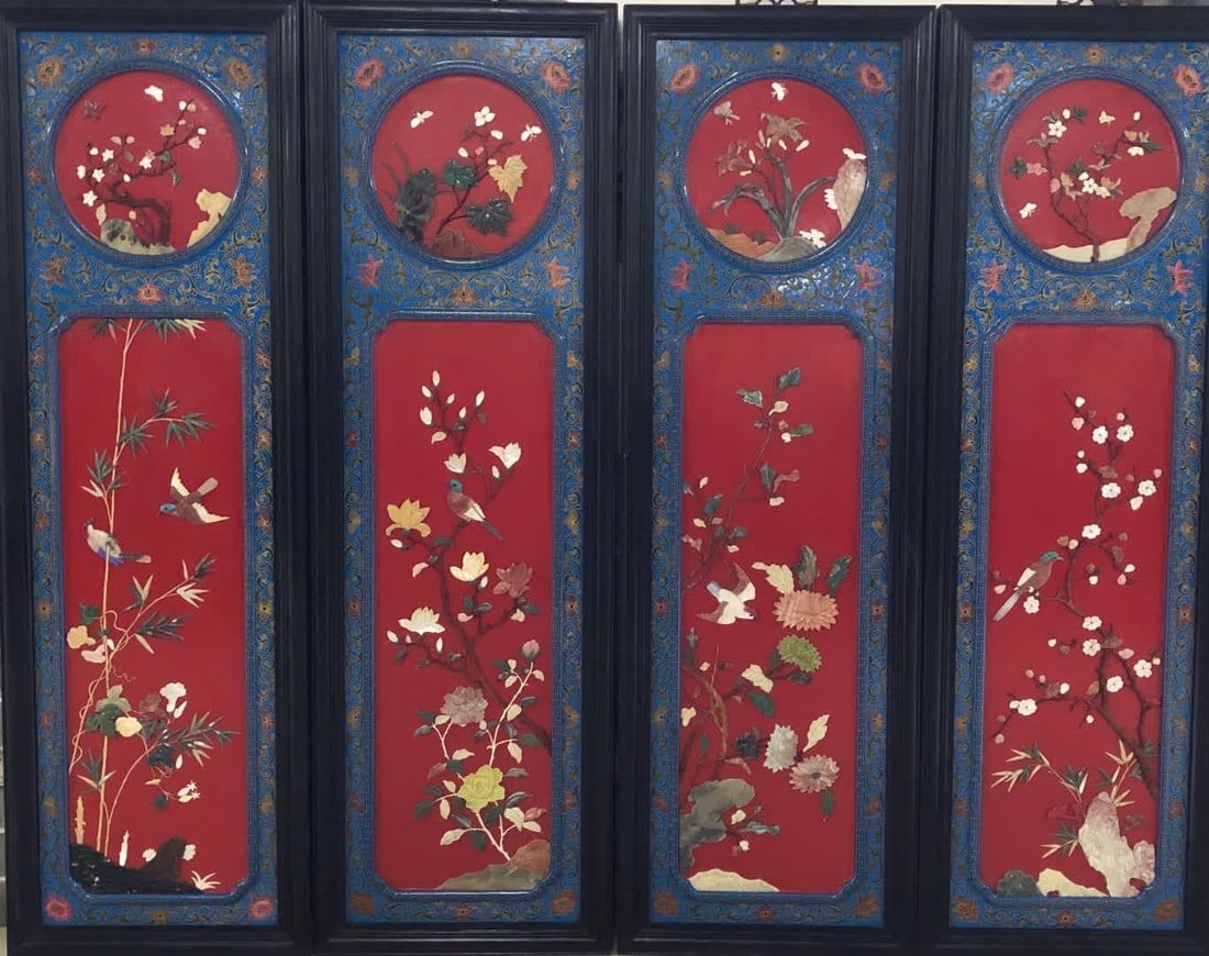 A set of Qing Dynasty rosewood frame lacquerware flower and bird pattern hanging screen (1 of 9)