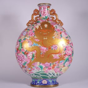 A Qing Qianlong pastel dragon wearing a kaleidoscope of flowers and holding the moon bottle