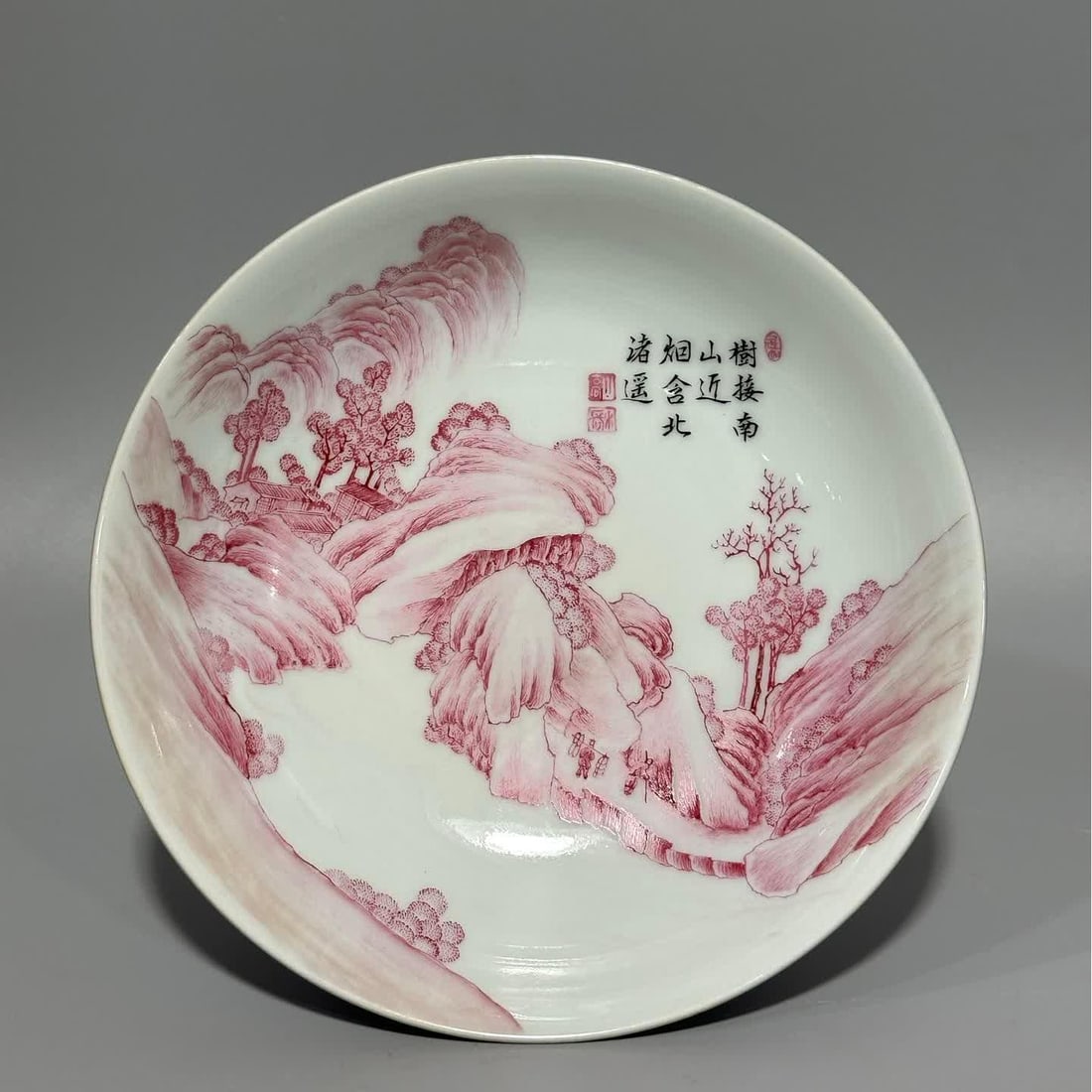 A carmine red poetry landscape plate made in the Yongzheng period of the Qing Dynasty (1 of 8)