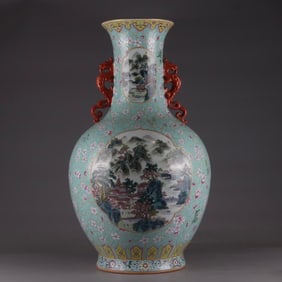 A Qing Qianlong turquoise green background gold-painted window landscape amphora