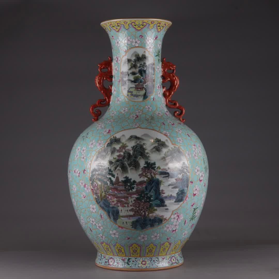 A Qing Qianlong turquoise green background gold-painted window landscape amphora (1 of 9)