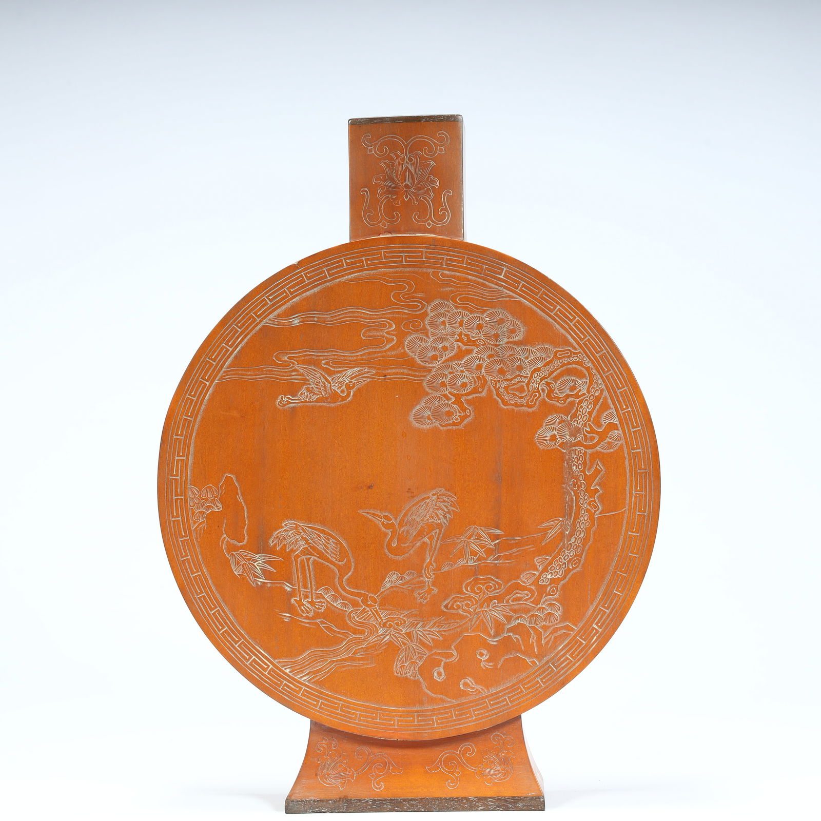 A Qing Dynasty yellow wood carving "Pinecrane longevity pattern flat bottle: Qing Dynasty pasted yellow wood carving "pine crane longevity pattern flat bottle SIZE: H: 26.5cm L: 19cm W: 4.2cm W: 432g (The Dimensions Of All Batches Are Manually Measured.If You Need More Detaile