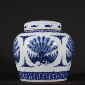 A Ming Dynasty Chenghua blue and white group phoenix pattern heavenly jar