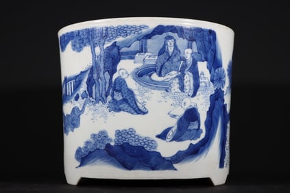 A Qing Dynasty Kangxi blue and white eighteen Arhat pen holder