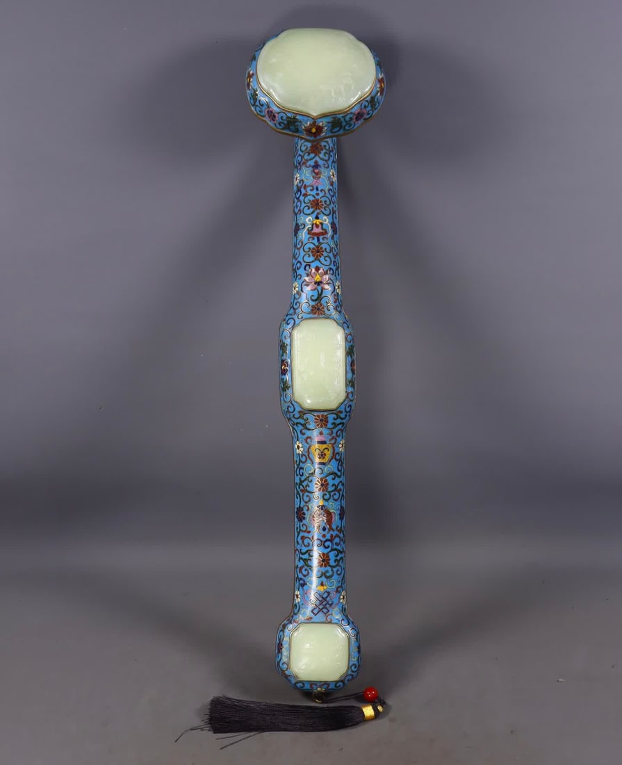 A cloisonné inlaid with Hetian jade ruyi one: A cloisonné inlaid with Hetian jade ruyi SIZE: H:10cm L:54cm W:11.5cm W:1506g (The Dimensions Of All Batches Are Manually Measured.If You Need More Detailed Information, Please Contact Our Customer S