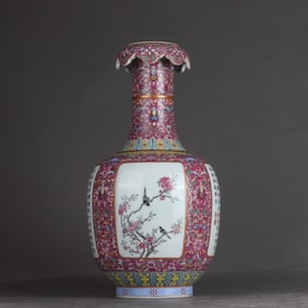 A Qing Qianlong pastel gold-painted carmine-red background entangled lotus window flower bird poetry