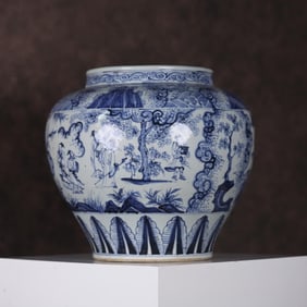 A blue and white character story jar