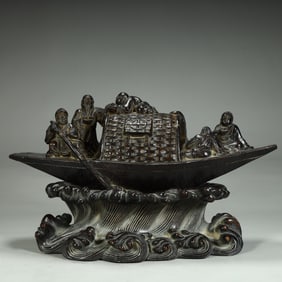 A Qing Dynasty agarwood carving "Five Elders Rafting" ornament