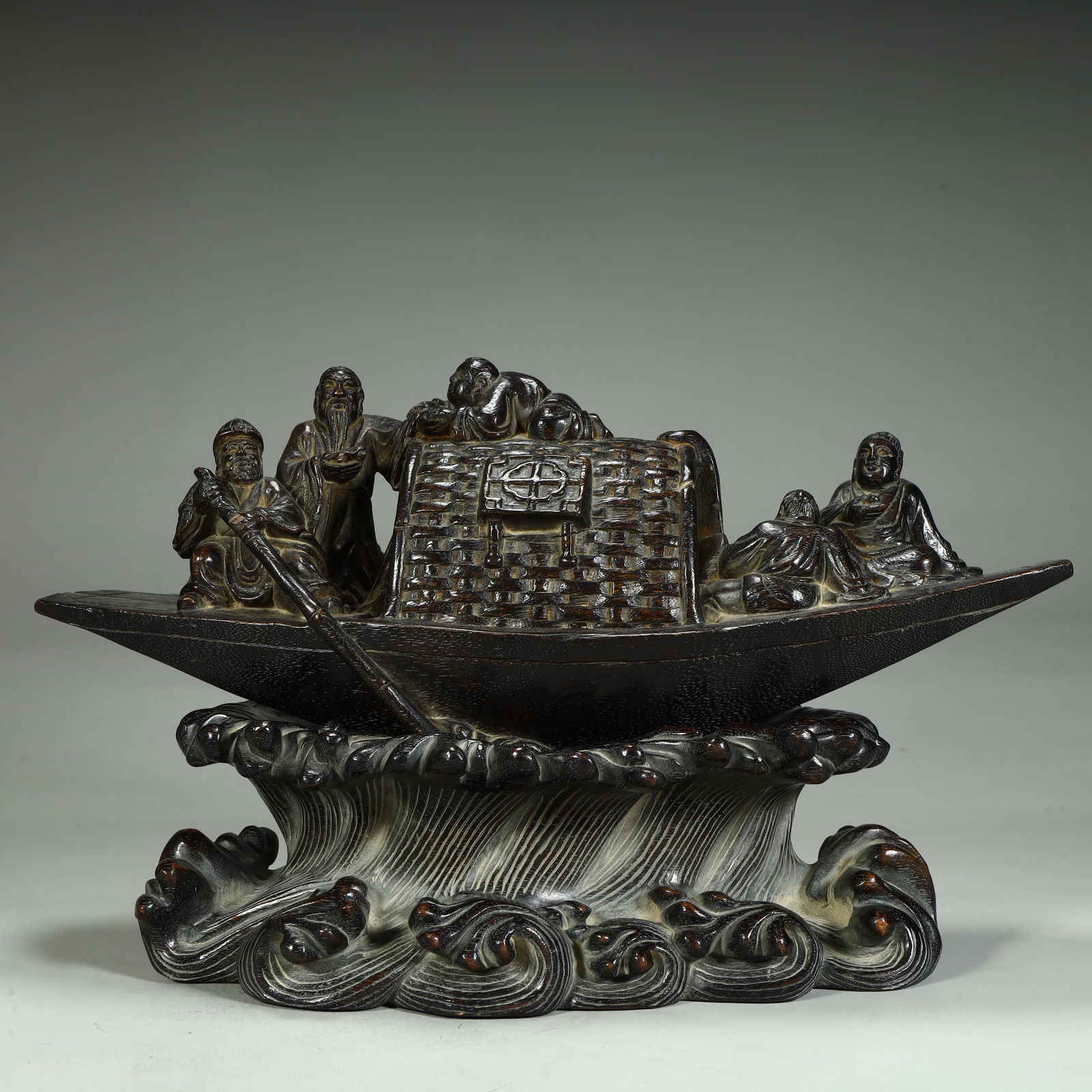 A Qing Dynasty agarwood carving "Five Elders Rafting" ornament: Qing Dynasty agarwood carving "Five Elders Rafting" ornament SIZE: Total H: 20cm L: 32cm W: 14.5cm Total W: 1589g (The Dimensions Of All Batches Are Manually Measured.If You Need More Detailed Informa