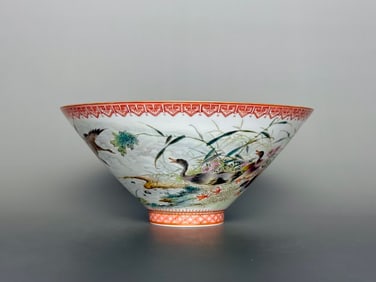 A Qianlong year alum red pattern rim goose reed inscription poem thin tire hat bowl