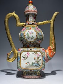 A Qing Yongzheng enamel turquoise green ground passionflower pattern window flower and bird gilt