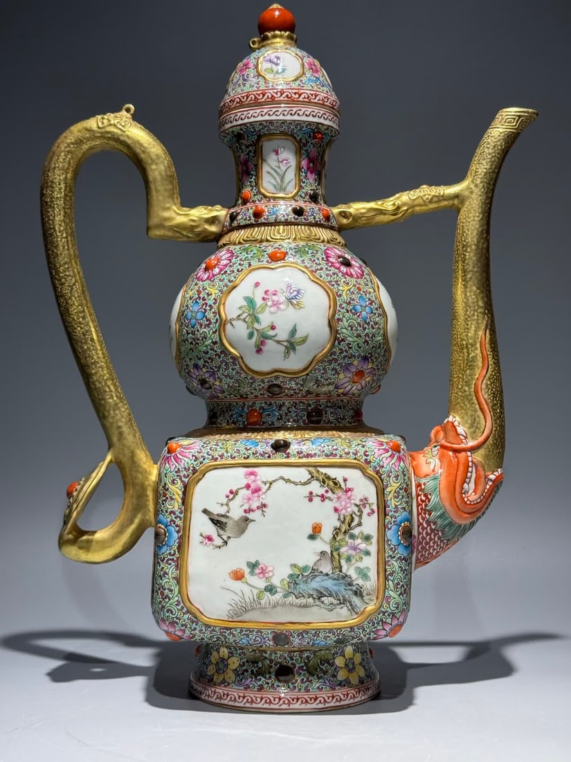 A Qing Yongzheng enamel turquoise green ground passionflower pattern window flower and bird gilt: Qing Yongzheng enamel turquoise green ground passionflower pattern window flower bird gilt wine jug SIZE: H:37cm W:26cm (The Dimensions Of All Batches Are Manually Measured.If You Need More Detailed I