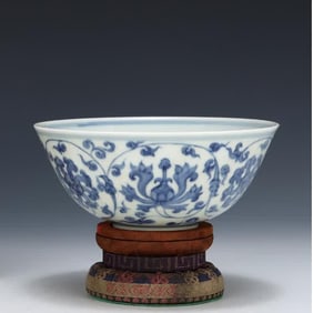 A Ming Dynasty Chenghua blue and white treasure flower palace bowl