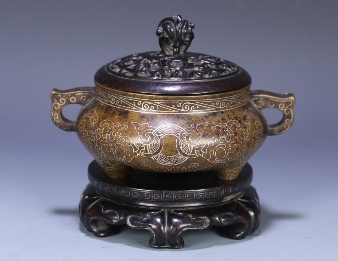 A stone old style of rosewood cover to copper cuo silver gluttonous dragon pattern incense burner (1 of 9)