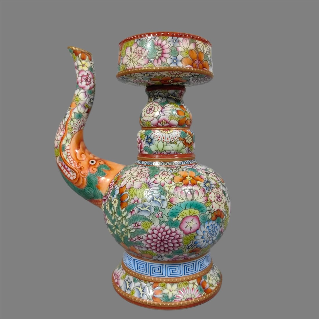 A Qing Dynasty enamel kaleidoscope watering can: Qing Dynasty enamel kaleidoscope watering pot SIZE: L:16.5cm W:12cm H:21.8cm (The Dimensions Of All Batches Are Manually Measured.If You Need More Detailed Information, Please Contact Our Customer Ser