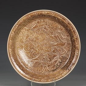 A Song Ding kiln brown color floral phoenix pattern folded edge plate