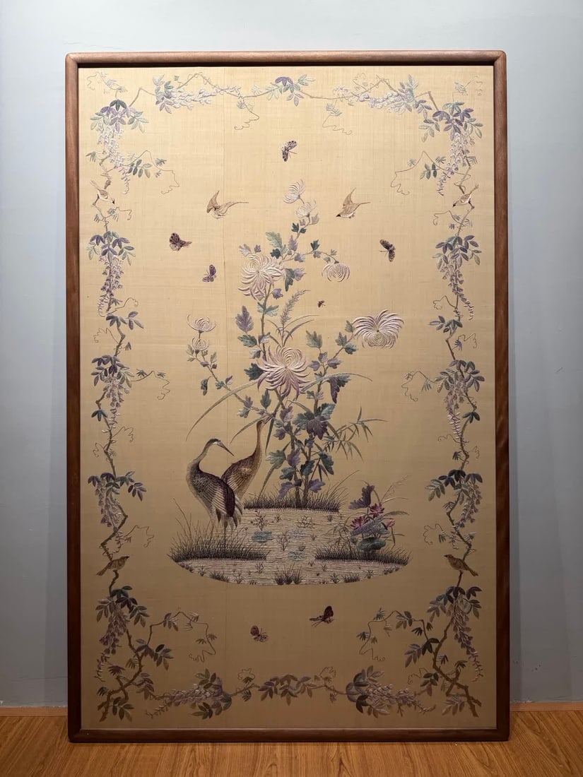 A large-size embroidery of the Republic of China "Heron Lianke": Republic of China large-size embroidery "Heron Lianke" SIZE: 184x118cm (The Dimensions Of All Batches Are Manually Measured.If You Need More Detailed Information, Please Contact Our Customer Service B