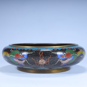 A piece of Qing Dynasty copper tire cloisonné enamel double dragon play bead pattern wash