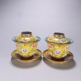 A pair of Qing Dynasty copper tire painting enamel entwined lotus pattern tea bowls