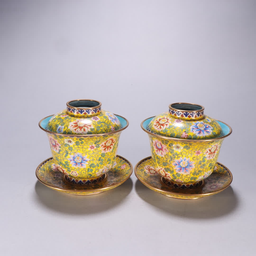 A pair of Qing Dynasty copper tire painting enamel entwined lotus pattern tea bowls (1 of 9)