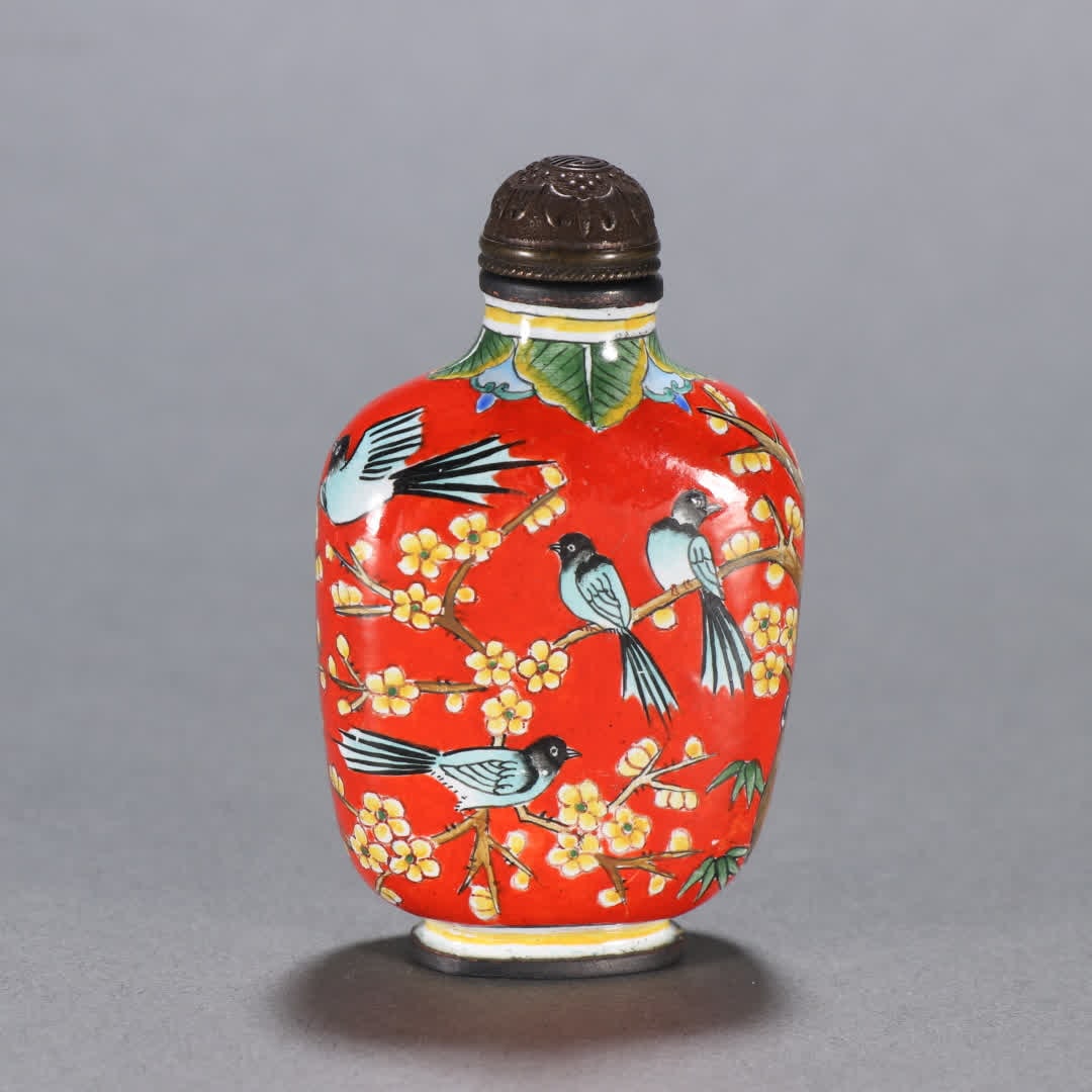 A Qing Dynasty copper tire painting enamel flower and bird pattern snuff bottle (1 of 9)