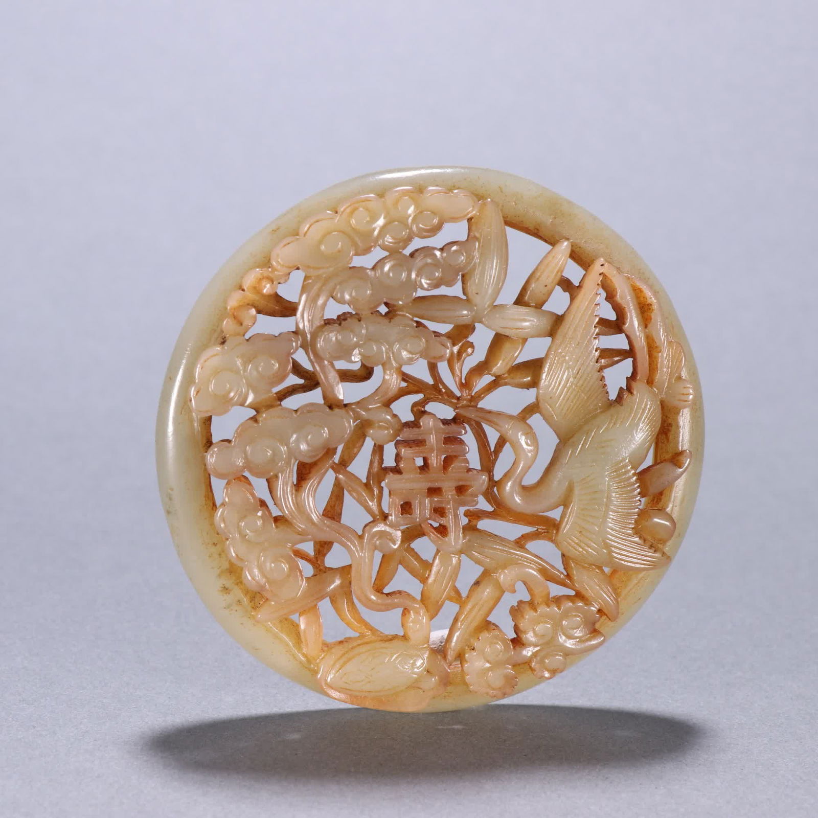 A piece of Hetian jade "Songhe Yannian" with a plate: Hetian jade "Songhe Yannian" with board SIZE: W:7.9x7.9cm W:68.4g (The Dimensions Of All Batches Are Manually Measured.If You Need More Detailed Information, Please Contact Our Customer Service Before