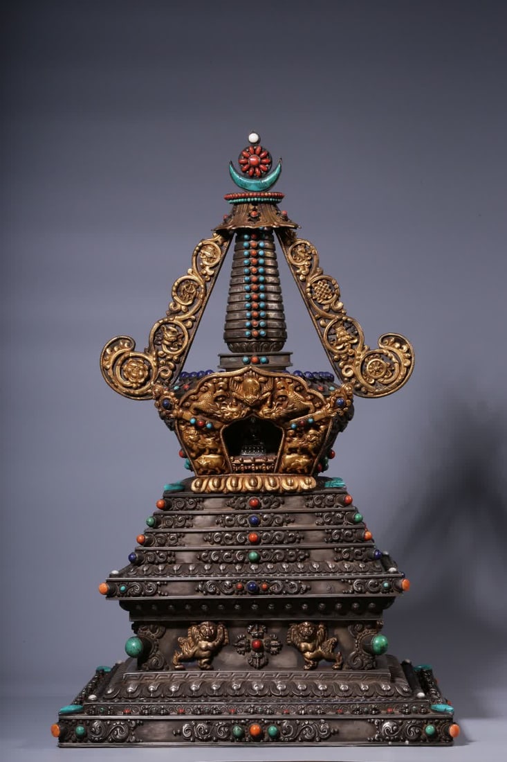 A Qing Dynasty silver-gilt inlaid hundred treasure pagodas (1 of 15)