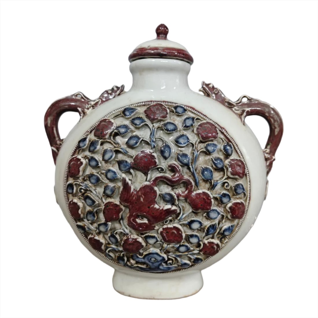 A Yuan Dynasty blue and white glaze red pasted flower pattern animal ear flat pot (1 of 7)