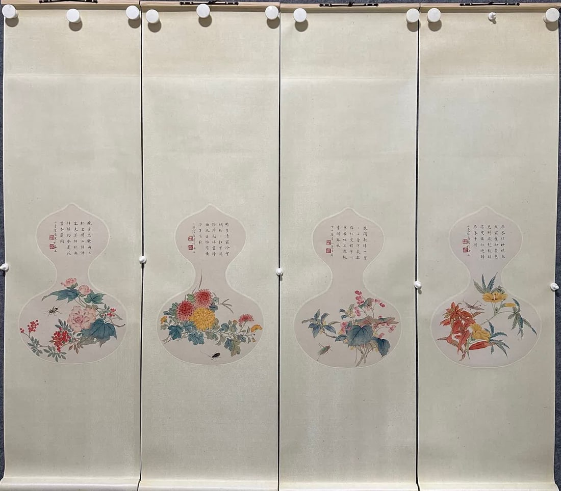 A picture of Lu Xiaoman's flowers and birds on four screens (1 of 17)