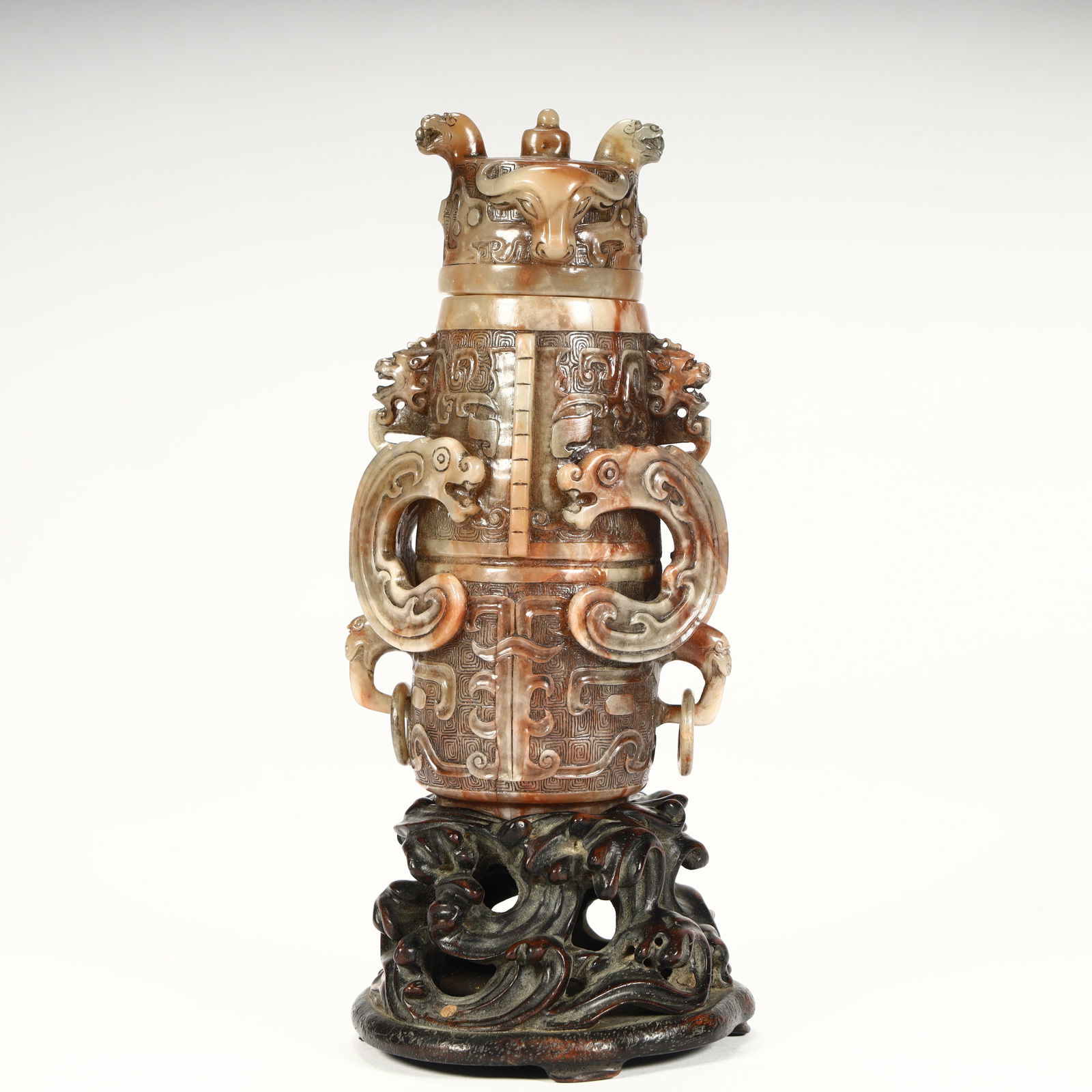 A Qing Dynasty Shoushan stone antique dragon pattern live ring ear bottle (1 of 11)