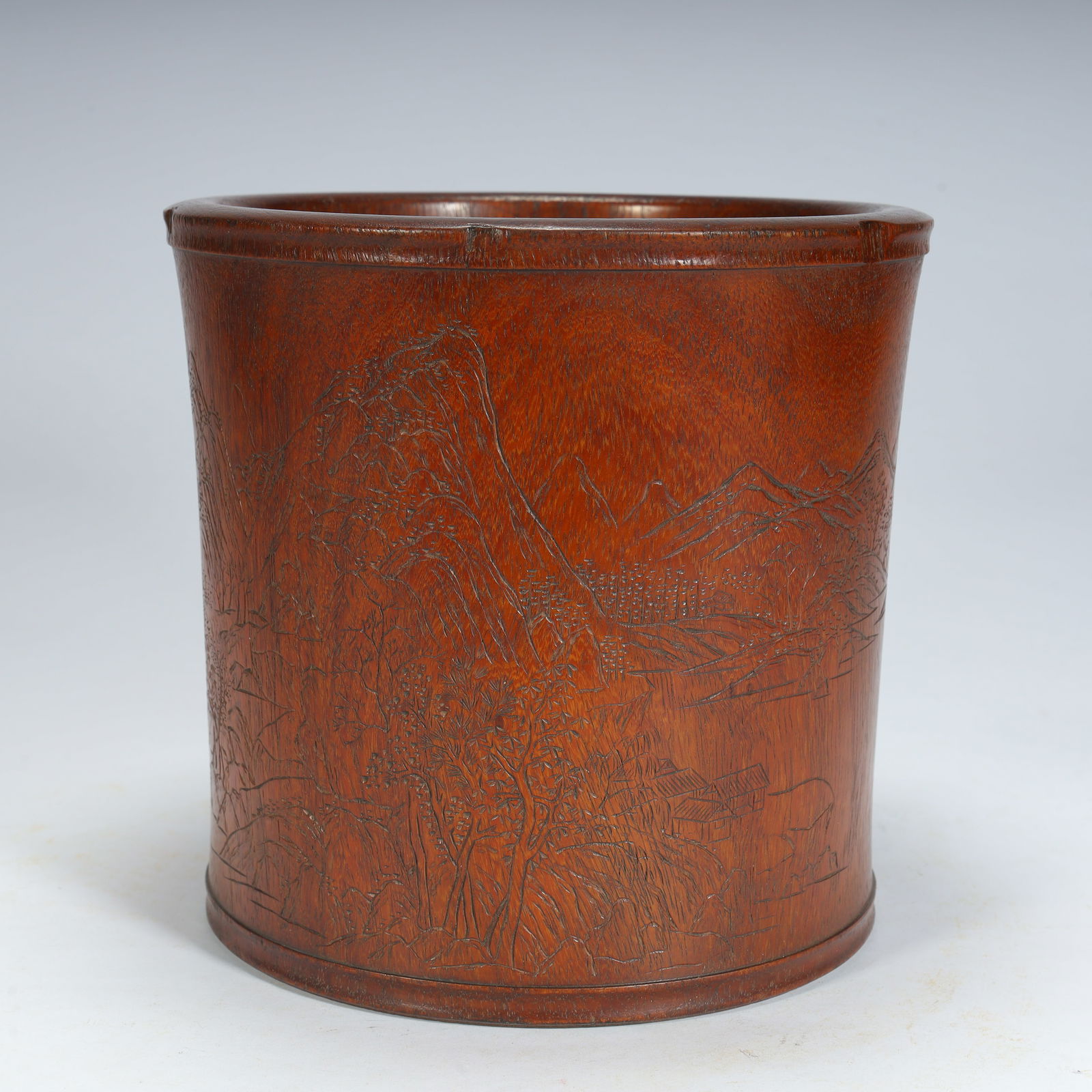 A Qing Dynasty Huanghuali carved pattern pen holder: Qing Dynasty Huanghuali carved pattern pen holder SIZE: H:17.5cm L:18.5cm W:16.5cm W:0.8kg (The Dimensions Of All Batches Are Manually Measured.If You Need More Detailed Information, Please Contact Ou