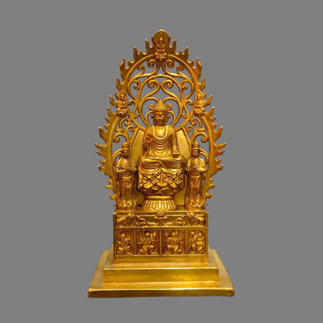 A Liao Dynasty copper gilt Buddha shrine: Liao Dynasty copper gilt Buddha shrine SIZE: W:909g L:13.3cm W:7.5cm H:24cm (The Dimensions Of All Batches Are Manually Measured.If You Need More Detailed Information, Please Contact Our Customer Serv