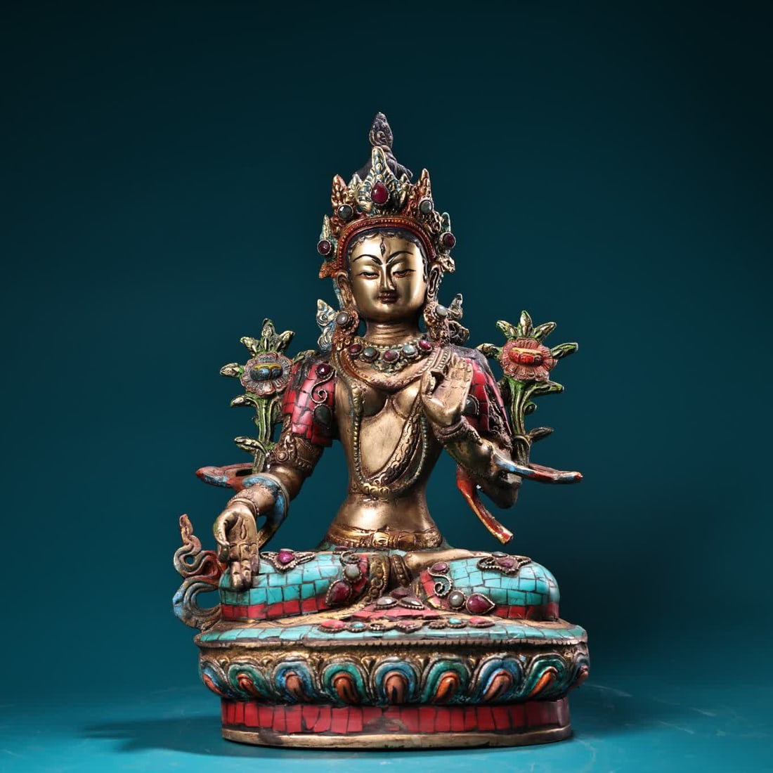 A Tibetan Tibetan craft inlaid with gemstones painted with gold and a Tibetan white Tara Buddha (1 of 9)