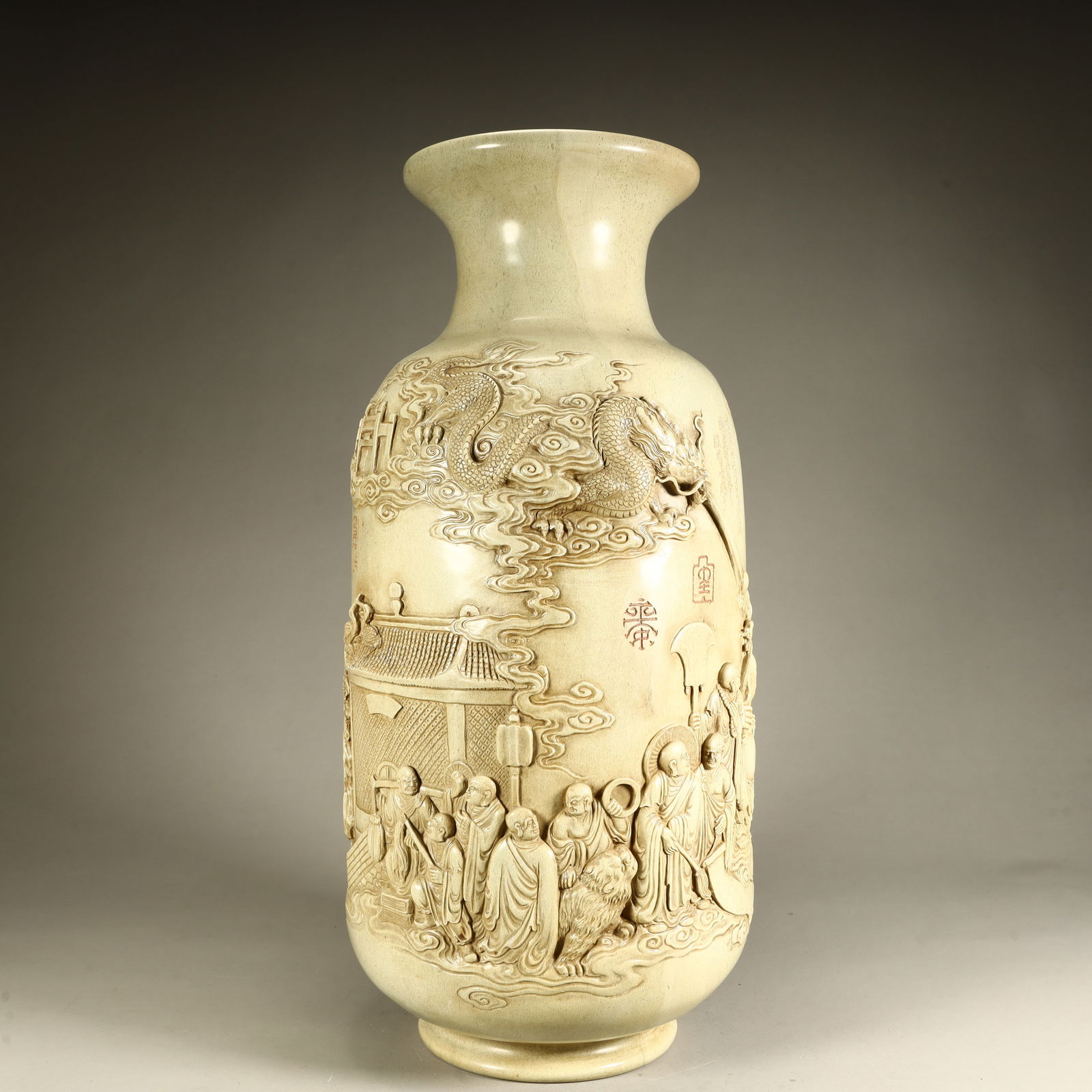A Qing Dynasty Shoushan stone eighteen Arhat pattern vase (1 of 13)
