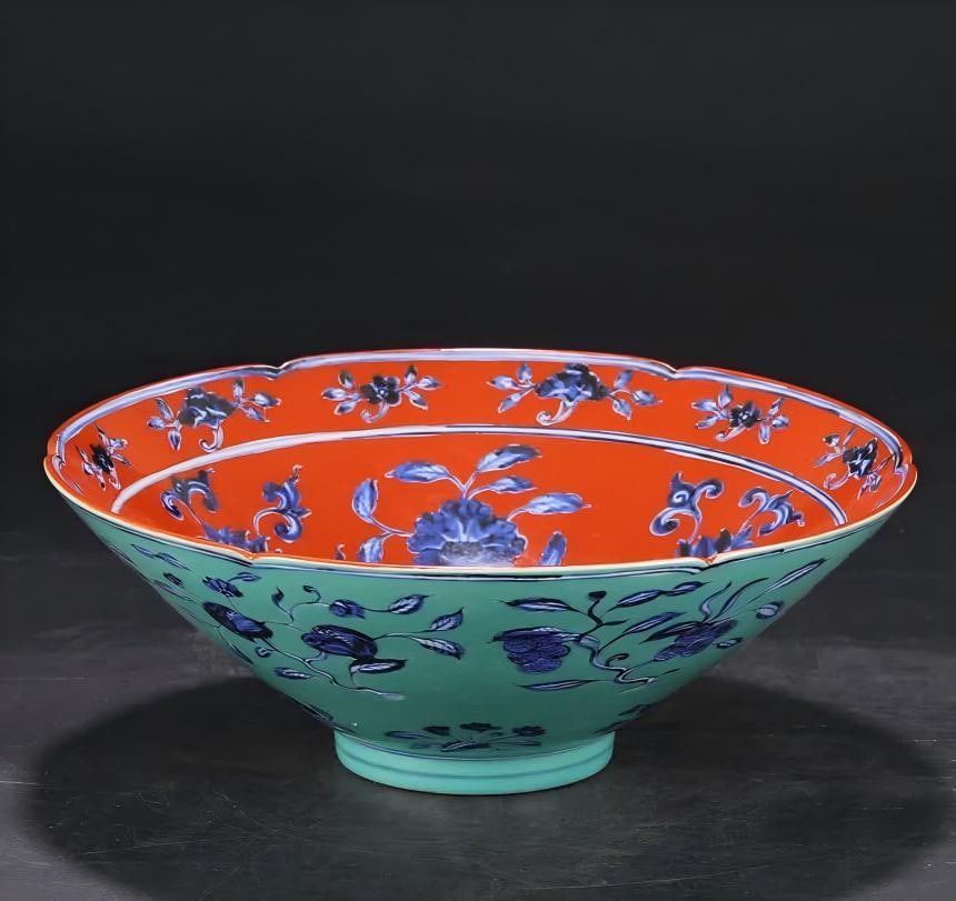 A Ming Dynasty Xuande peacock green and red blue and white folded branch flower fruit pattern large (1 of 8)