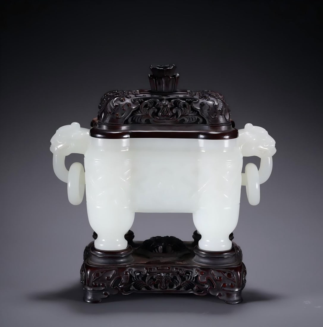 A Qing Dynasty Hetian jade dragon pattern four-legged furnace: Qing Dynasty Hetian jade dragon pattern four-legged furnace SIZE: H: 15.5cm without base L: 15.5×W: 7.8×H: 7.5cm (The Dimensions Of All Batches Are Manually Measured.If You Need More Detailed Inform