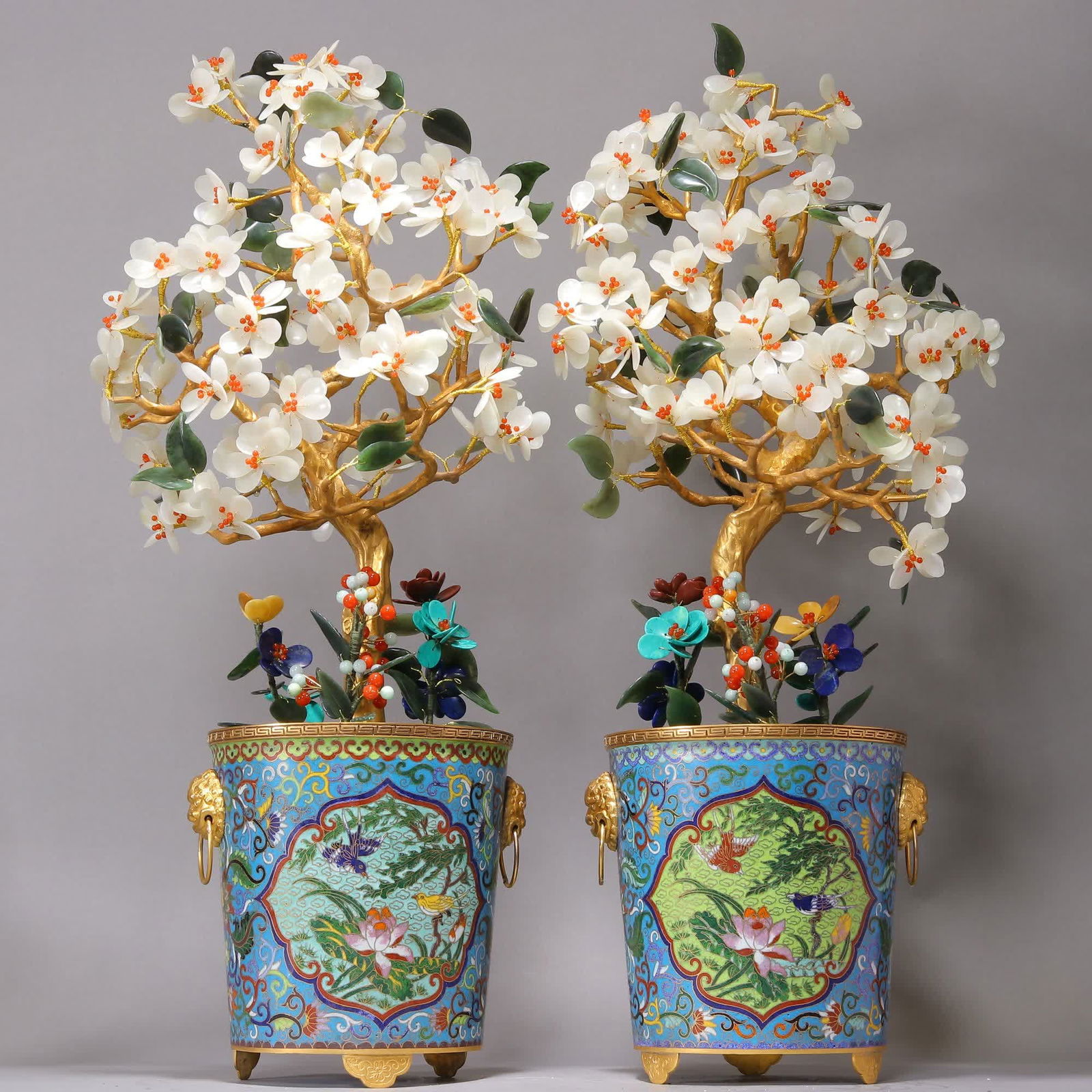 A pair of Qing Dynasty cloisonné and Tian jade flower picture bonsai (1 of 9)