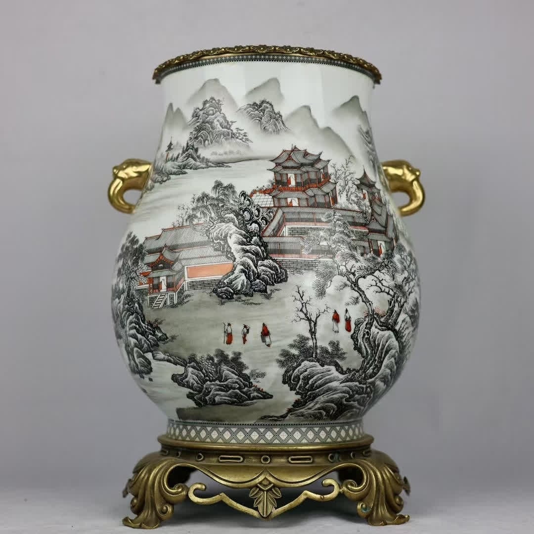 A piece of copper-inlaid porcelain "Ink Color Landscape Pattern" elephant ear statue (1 of 9)