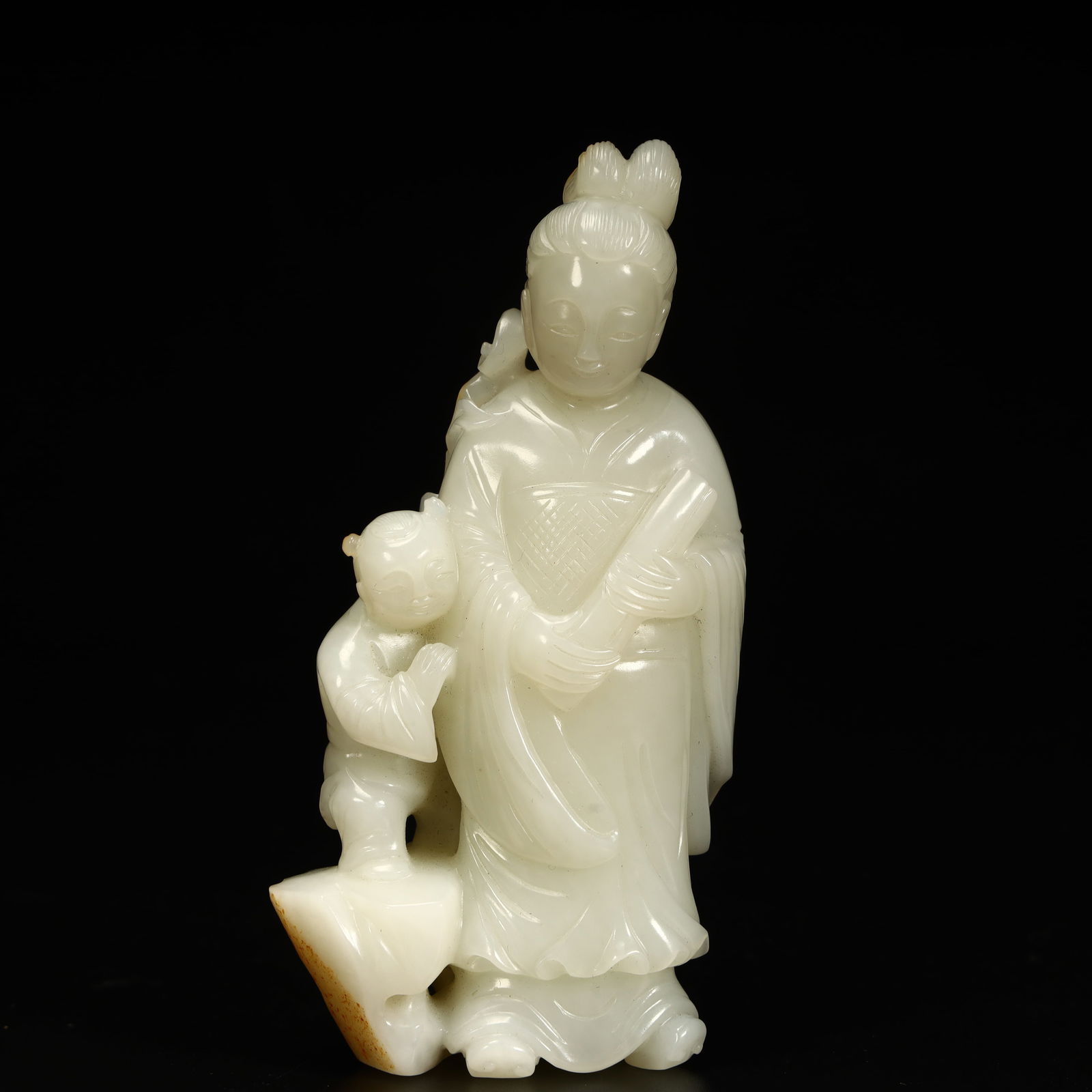 A Qing Dynasty Hetian jade Sanniang godson ornament: Qing Dynasty Hetian Yusanniang godson ornament SIZE: H:11cm L:5.5cm W:2.5cm W:171.4g (The Dimensions Of All Batches Are Manually Measured.If You Need More Detailed Information, Please Contact Our