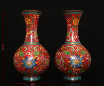 A pair of cloisonné cloisonné entwined lotus celestial sphere bottles