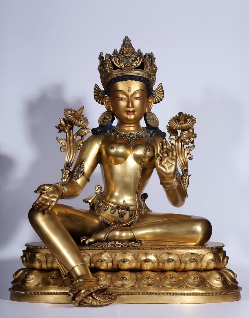 A seated statue of Tara in copper-gilt gold inlaid in the Qing Dynasty (1 of 12)