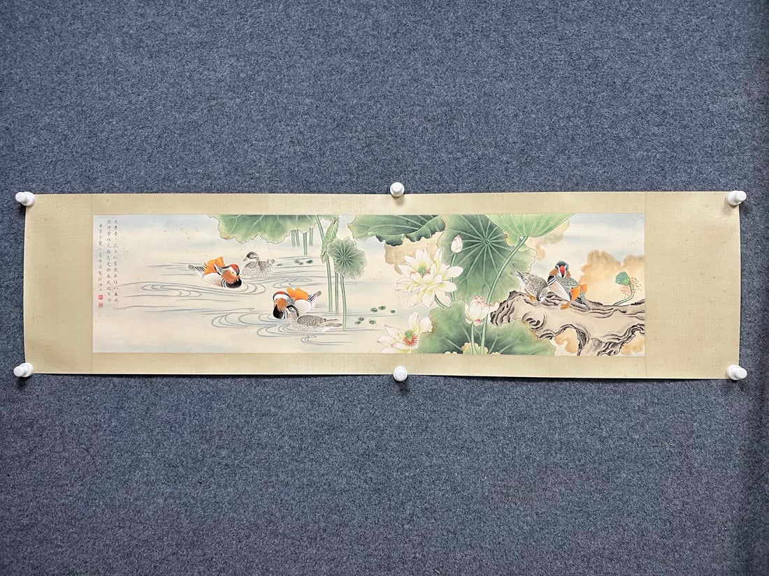 A picture of Lu Xiaoman's mandarin ducks playing in the water: Lu Xiaoman's mandarin duck playing in the water SIZE: 32x127cm (paper lens) (The Dimensions Of All Batches Are Manually Measured.If You Need More Detailed Information, Please Contact Our Customer Serv