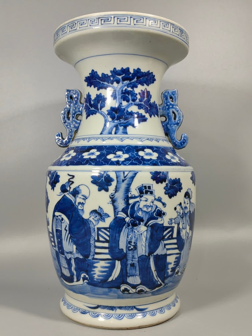 A three-star blue and white figure picture of the Qing Dynasty: Qing Dynasty blue and white figure picture three-star SIZE: H:34cm W:20.5cm (The Dimensions Of All Batches Are Manually Measured.If You Need More Detailed Information, Please Contact Our Customer Serv