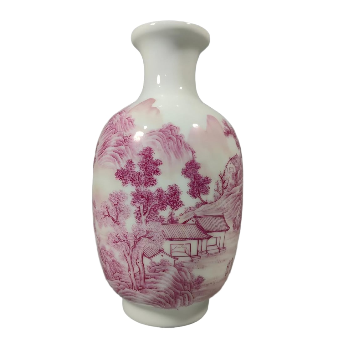 A Qing Dynasty agate red carmine red landscape picture thin tire bottle: Qing Dynasty agate red carmine red landscape picture thin tire bottle SIZE: H:19.8cm W:11.5cm (The Dimensions Of All Batches Are Manually Measured.If You Need More Detailed Information, Please