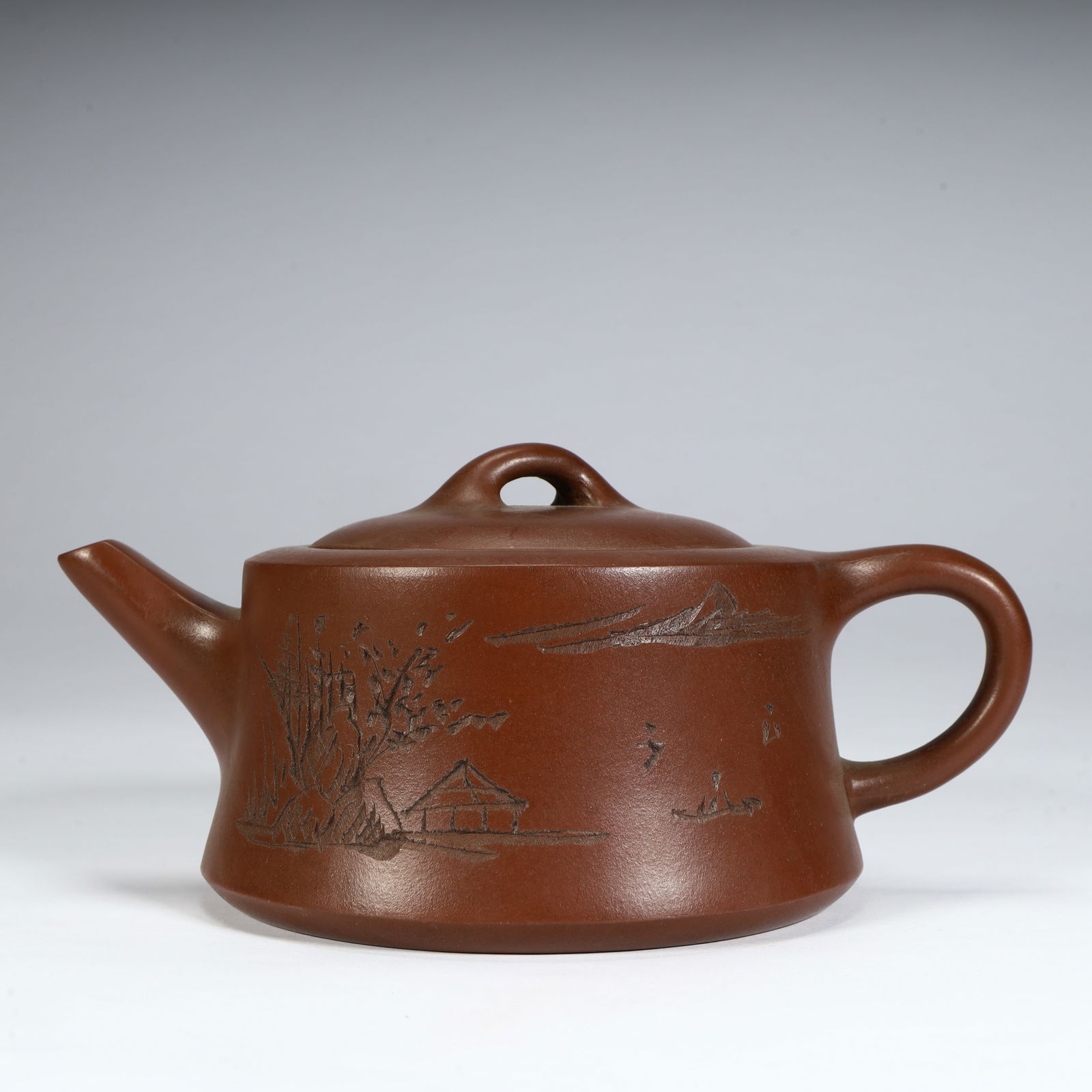 A purple clay carved landscape pattern well railing purple clay pot: Purple clay carved landscape pattern well railing purple clay pot SIZE: H:9cm L:18.5cm W:12.2cm W:428g (The Dimensions Of All Batches Are Manually Measured.If You Need More Detailed Information,