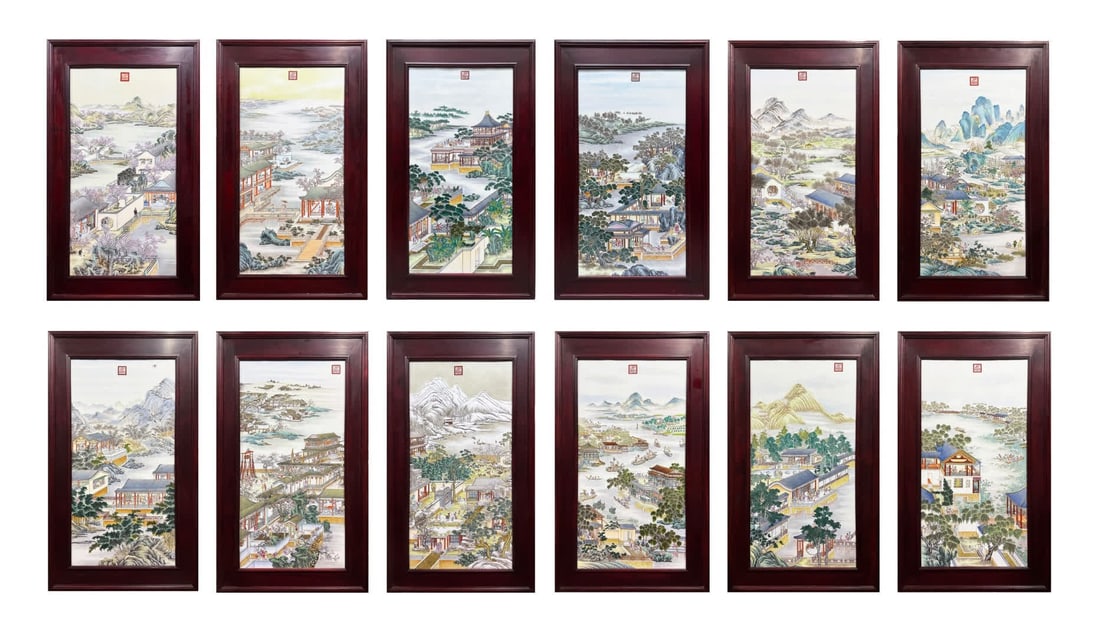 A set of Qing Qianlong enamel color December pavilion porcelain plate: Qing Qianlong enamel color December pavilion set of porcelain plates SIZE: 111x55cm Outer frame 140x79cm (The Dimensions Of All Batches Are Manually Measured.If You Need More Detailed Information,
