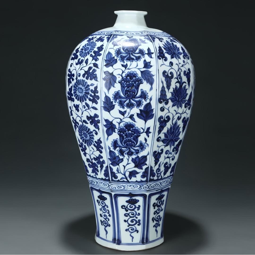 A Yuan Dynasty blue and white octagonal entwined peony plum bottle (1 of 9)